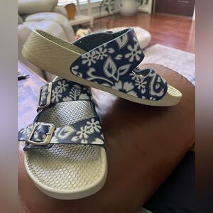 Birkenstock Blue/White Floral Arizona Rubber Sole Size 37 US 7 Excellent